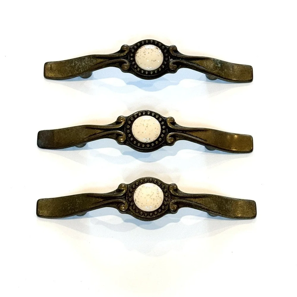3 Vtg Brass Speckled Stone Center Hardware Cabinet Drawer Pulls Sundial Center